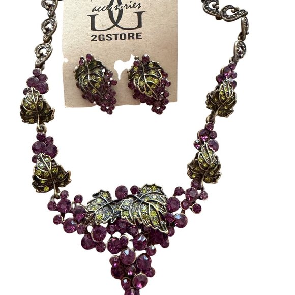 Purple Grape Leaf Necklace & Earrings Set By 2G Store Rhinestone Detailing Vinta - Picture 2 of 4